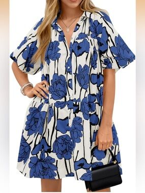 Blue Floral Button-Front Shirt Dress - Large